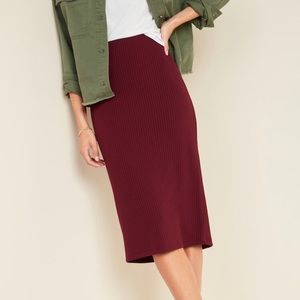 High-Waist Rib-Knit Pencil Midi Skirt Maroon